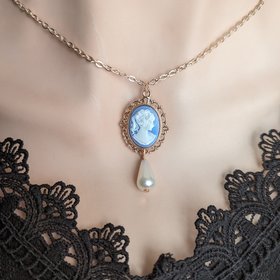 Pearl Cameo Necklace, 14K Rose Gold Plated, Historical Costume Victorian Jewelry, Romantic Vintage Inspired Pendant, Gift for Her