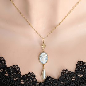 Blue Cameo Necklace with Pearl, 14K Gold Plated Historical Costume Jewelry, Romantic Vintage Inspired Pendant, Gift for Wife
