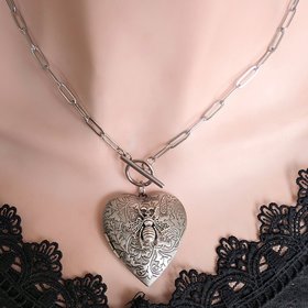 Heart Locket Toggle Necklace, Flat Paperclip Chain Choker, Silver Floral Design, Bee Jewelry, Valentines Gift for Girlfriend
