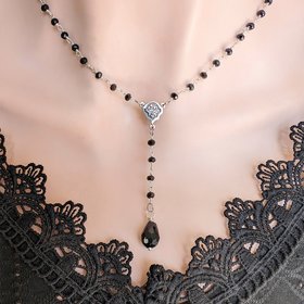 Black Y Minimalist Necklace, Gothic Jewelry, Black Goth Wedding, Retro Vintage Style, Rosary Bead Gift for Her