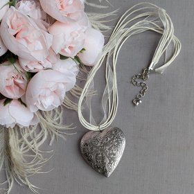Silver Floral Engraved Puffy Heart Locket Choker Necklace with Black Ribbon, Vintage Style Statement Jewelry, Gift for Her