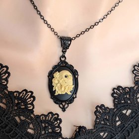 Gothic Sugar Skull Cameo Necklace, Ivory on Black Sugar Skull in Ornate Black Setting, Day of the Dead & Halloween Jewelry