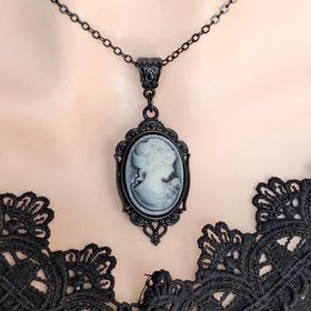Gothic Blue Cameo Necklace in Ornate Black Setting, Dark Vintage Inspired Jewelry, Gift for Girlfriend