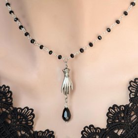 Victorian Hand Necklace, Gothic Jewelry, Black Goth Wedding, Retro Vintage Style, Rosary Bead Gift for Her, Girlfriend Gift