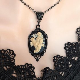 Gothic Cherub Cameo Necklace, Ornate Black Setting with Three Angels in Ivory on Black Cameo, Religious Jewelry, Vintage Style Dark Romance