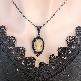 Gothic Sepia Toned Cameo Necklace in Ornate Black Setting, Vintage Inspired Jewelry, Victorian Steampunk, Dark Romance