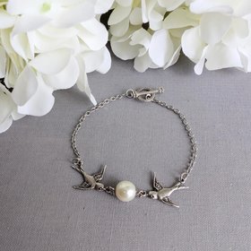 Silver Swallow Bracelet: Glass Pearl Bird Jewelry with Toggle Clasp