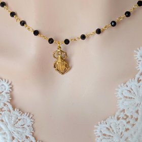 Golden Brass Scarab Pendant Choker, Black Beaded Rosary Chain Necklace, Vintage Style Jewelry