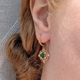 Gold Plated Filigree Dangle Earrings, Vintage Style Drop Earrings with Red, Green or Blue Cubic Zirconia