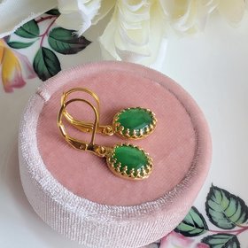 Gold Plated Crown Bezel Earrings with Green Cat’s Eye Stones, Elegant Vintage Inspired Jewelry