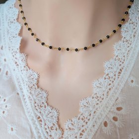 Black Beaded Rosary Chain Choker Necklace, Golden Brass Vintage Style Jewelry