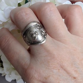 Silver Plated Spoon Ring: Bee & Flower, Adjustable Boho Ring