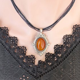 Carnelian Choker Necklace – Oval Stone Pendant in Silver Gothic Setting on Black Organza Ribbon