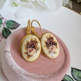 Limoges Inspired Rose Earrings, Vintage Floral Lever Back Earrings in Brass, Silver or Matte Black