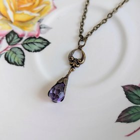 Purple Faceted Glass Pendant, Antique Brass Filigree Necklace, Vintage Romantic Jewelry