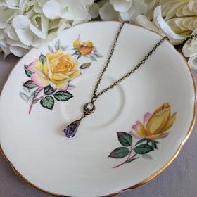 Purple Faceted Glass Pendant, Antique Brass Filigree Necklace, Vintage Romantic Jewelry