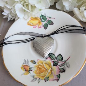 Silver Puffy Heart Locket Choker with Velvet Ribbon, Pendant Necklace with Engraved Arch Pattern, Valentine's Gift for Her