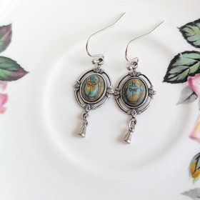 Scarab Earrings with Silver Ox Leaf Frame Pendants, Art Deco Jewelry with Egyptian Inspiration